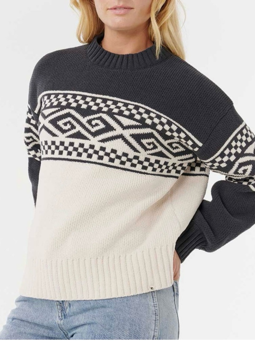 Rip Curl Black and Cream Patterned Crew Neck Sweater